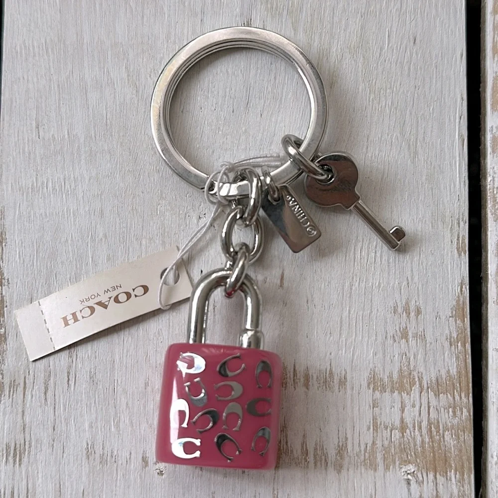 Coach Lock and Key Key Ring Purse Charm Pink and silver New NWT